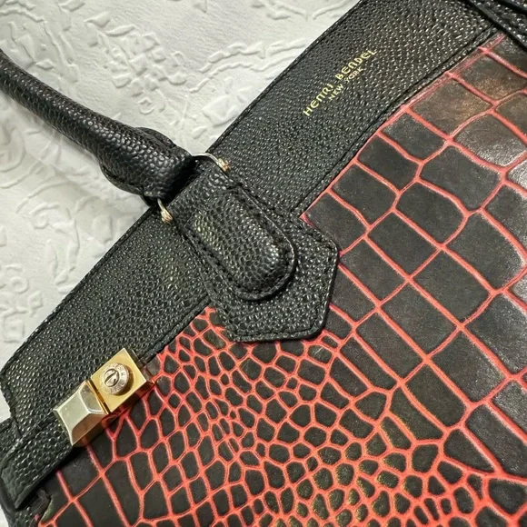 Henri Bendel Red Black Crocodile Print Leather Handbag - Picture 6 of 11